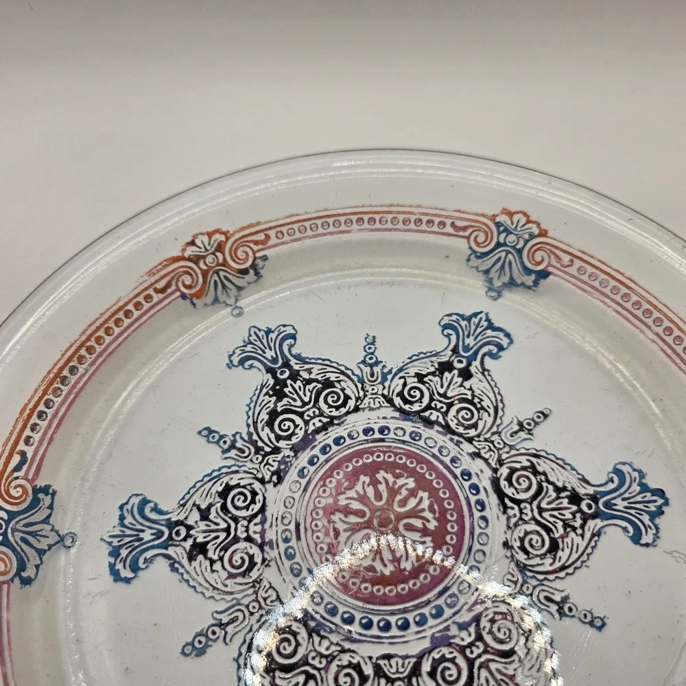 Vintage Fire-King Clear Glass Medallion Plate‎ Blue Red Scroll Pattern 9 inch